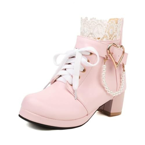ZKXYFFS Women's Mary Janes Shoes Platform Chunky Heel Ankle Boots Gothic Cosplay Booties Strappy Bow Lace Party Dress Pumps Shoes Pink