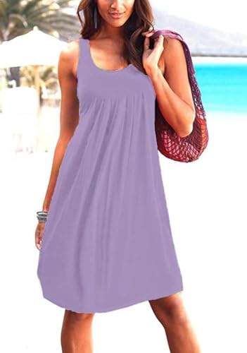 Image of Camisunny Women Casual Loose Tank Dresses Sleeveless Beach Vacation Dress Swing Pleated U Neck Fashion Soft