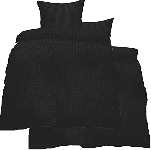 Seersucker Bed Linen (4-Piece Set 2x 135 x 200 cm + 80 x 80 cm, Black, Plain Non-Iron Plain Microfibre (60284)