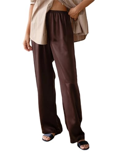 Kouoybt Women Satin Wide Leg Flowy Pants Silk Casual Dressy Long Dress Pants Elastic Solid Color Satin Pant Waisted Trousers (A-Khaki, L)