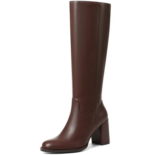 Synchoiss Brown Boots for Women Knee High Chunky Heel Long