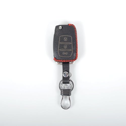 Image of Leather Smart Car Key Cover Case with Metal Hook Keychain for Mahindra XUV-300, Alturas (Black)