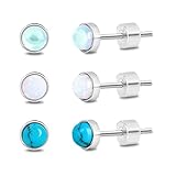 Small Gemstone Studs Earring Set: 3 Pairs Silver Opal Blue Turquoise Moonstone Round Stud Women Teen