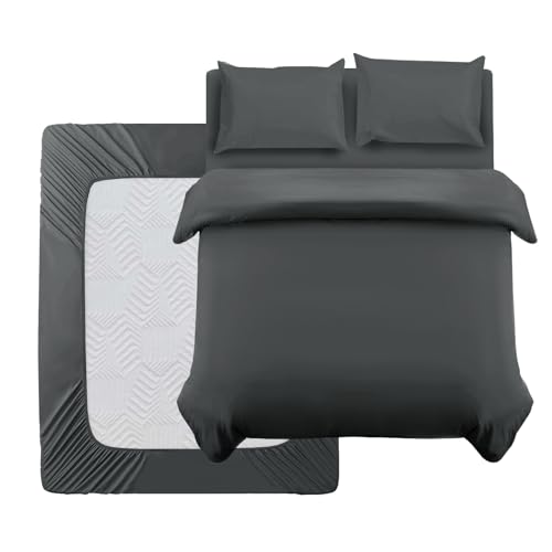 Oxford Homeware Double Duvet Set Charcoal Brushed Microfiber 4 Piece Double Bedding Set with Fitted Sheet and Pillowcases Soft Breathable Duvet Cover Sets