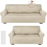 Peryiter 2 Pcs Sofa Covers Couch and Loveseat Covers Set Stretch Sofa Slipcover for Living Room Armchair Furniture Protector, Wrinkle Proof(Beige,Milk Silk)