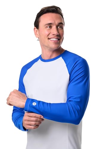 Coolibar UPF 50+ Men's Hightide Long Sleeve Swim Shirt, Baja Blue, Large, Color Block - Sun Protective