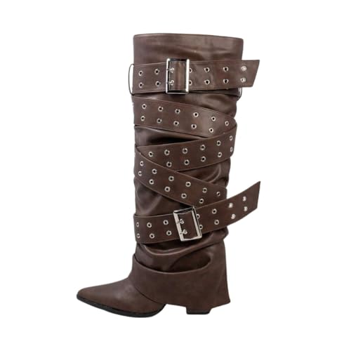 Goolita Fold Over Boots For Women, Pointed Toe Chunky Heel Slouchy Knee High Boots Denim Zipper Buckle Dress Tall Boots