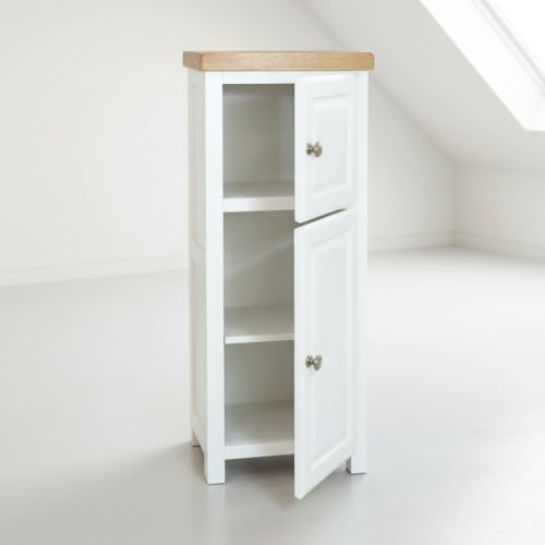 ALL WHITE Bathroom Storage Cabinet, White with Natural Wood Top, Double Door, 3 Shelves, Ready Assembled