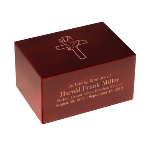 Bey-Berk Deering Moments Custom Engraved Lacquered Rosewood Funeral Cremation Urn for Human Ashes, Religious Cross with Dove (Large)