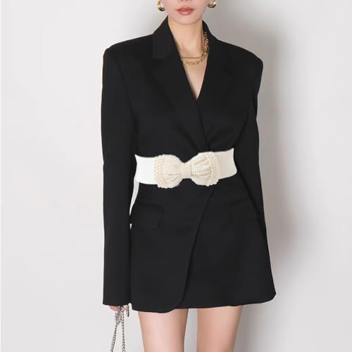 Elastic Pearl Bow Wide Belt for Women, Fashion Stretch Waist Belt Decorative Bowknot Ladies Belt for Dresses Skirts Party Wedding4