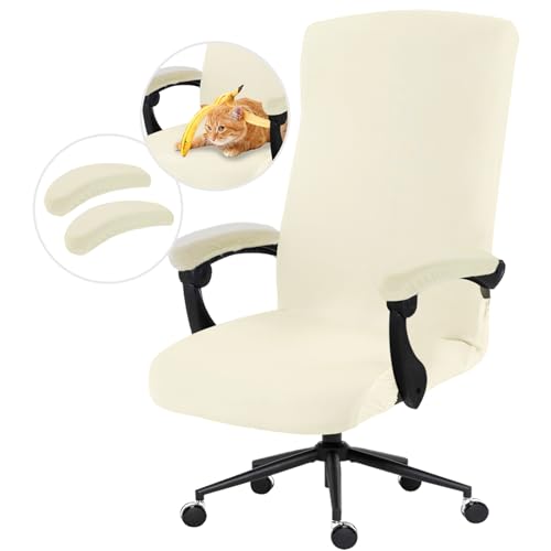 Image of DIVA EN CAMINO DEC Stretch Computer Office Chair Cover with Armrest Covers Durable Zipper Universal Spandex Rotating Boss Chair Slipcovers Anti-dust Soft Desk Chair Seat Protector, Cream