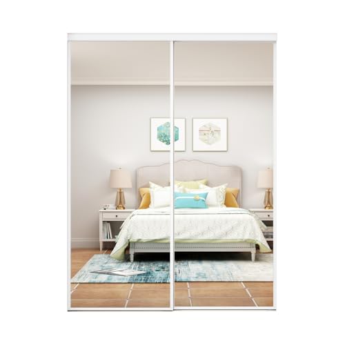 48 in. x 80 in. Mirror White Steel Frame Interior Closet Sliding Door with White Trim and Hardware Kit