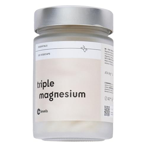 Triple Magnesio Complex - Bisglicinato + Malato + Taurato Magnesio con Vitamina B6-120 Cápsulas - Energía + Recuperación Muscular + Sueño Profundo + Migrañas y Estrés - triple magnesium | be levels