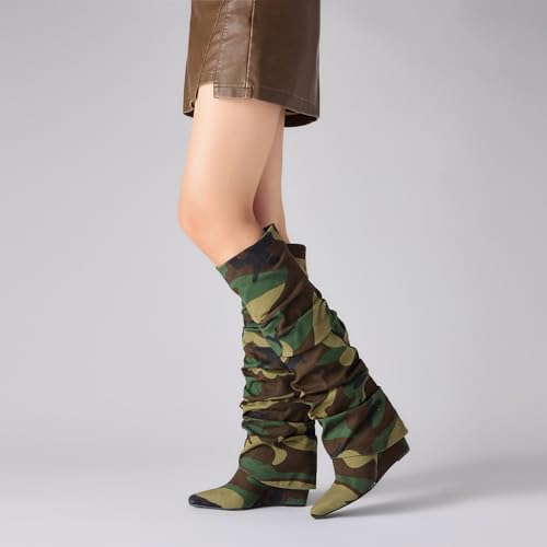 Fold Over Boots for Women Slouched Wedge Heels Knee High Pointed Toe3