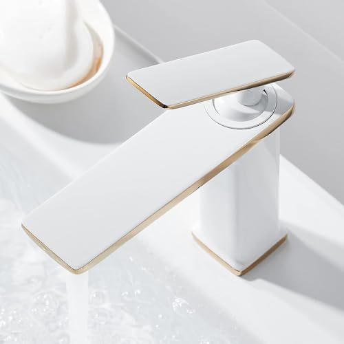 Robinet de salle de bain monotrou blanc et or au design élégant et moderne