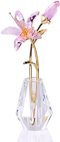 Crystal Floral Figurine Lily Flower Collectible Gifts for Women, Glass Lilium with Crystal Vase Metal Stem for Home Wedding Party Ornament Decor (Pink)