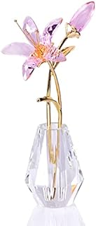 Crystal Floral Figurine Lily Flower Collectible Gifts for Women, Glass Lilium with Crystal Vase Metal Stem for Home Wedding Party Ornament Decor (Pink)