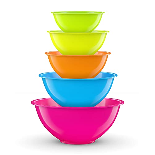 Set of 5 - Colorful Mixing Bowls - Plastic Mixing Bowl Set for Kitchen – Stackable Plastic Mixing Bowls – Dishwasher Safe Kitchen Bowls – BPA Free – Great for Cooking Serving Salads, Snack, Fruits,