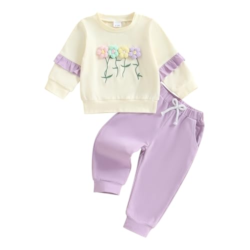 Barbotimer Infant Toddler Girl Autumn Winter Clothes Flower Embroidery Sweatshirt Ruffle Long Sleeve Pullover Tops Solid Color Jogger Pants 2Pcs Tracksuit Clothing Set (Purple, 3-4 Years)