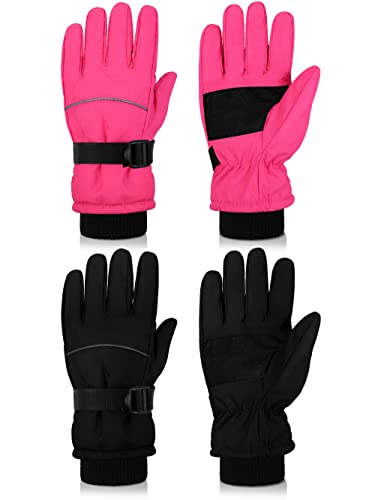 Cooraby 2 Packs Kinder Winter Skihandschuhe Dick Warme Schneehandschuhe Wasserdicht Unisex Fäustling Handschuhe für Mädchen Jungen (Schwarz, Nelken rot., 3-6 Years) Cover