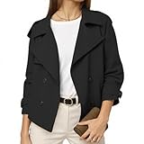 Muchpow Womens Cropped Trench Coat Double Breasted Lapel Casual Loose Fit Short Jacket Fashion Outerwear With Belt(Black,Large)