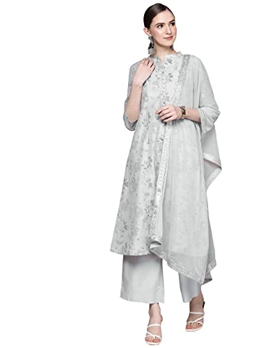 Image of ZIYAA Women's Grey Chanderi A-Line Kurta Palazzo And Dupatta Set(ZISKDCH3930)
