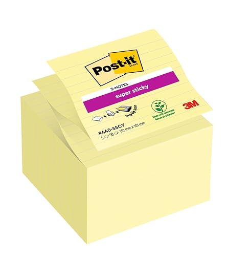 Post-it Super Sticky Large Z-Notes Canary Yellow Lined 101 mm x 101 mm 90 Sheets/Pad 5 Pads/Pack