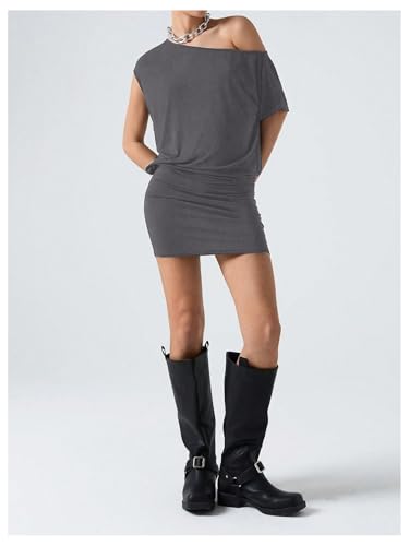 Image of SOLY HUX Women's Off The Shoulder Mini Dress Going Out Asymmetrical Neck Short Sleeve Casual Bodycon T Shirt Dresses