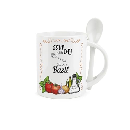 Purely Home Soup Mug and Spoon Set - Tomato and Basil Soup of The Day - Ceramic White Soup Mug with Spoon in Handle