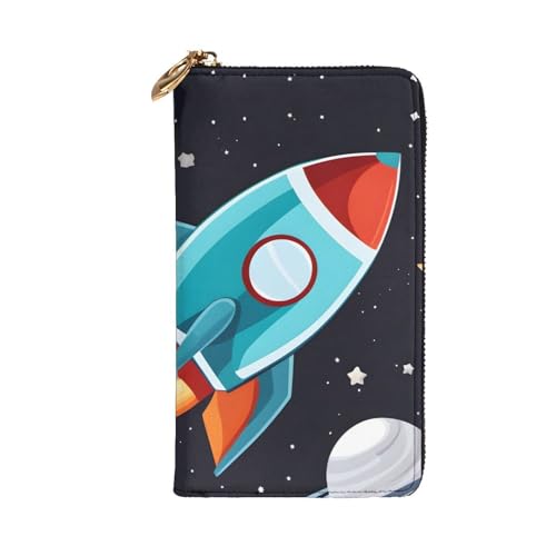 Leather Wallet 7.48 x 4.13 in - Stylish and Durable Wallet for Women with Multiple Compartments and Zipper Design rocket clipart space ship Pattern2