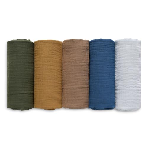 Image of Muslin Receiving Blankets, Neutral Blanket Swaddling for Newborn Boys and Girls, 5 Pack Breathable and Skin-Friendly Swaddle Wrap for Infant Baby (Elegant Colors)