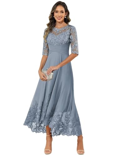 VCCICANY Plus+Size+Mother+of+Bride+Dresses for Women Lace Applique Elegant Dusty Blue Half