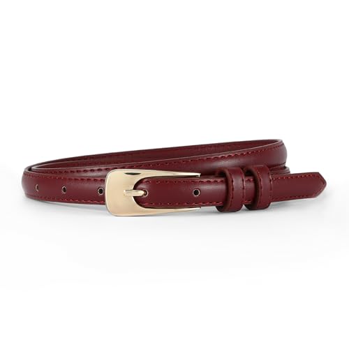HOTWILL Women Skinny Belts for Jeans Dress Thin Waist Faux Leather Belt with Gold Buckle 0.55 Width Red Small