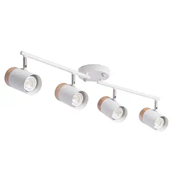 TeHenoo Adjustable Track Lighting Kit, 4-Lights Ceiling Light GU10 Bulb with Metal and Wood Shade for Living Room, Kitchen, Utility Room (White)