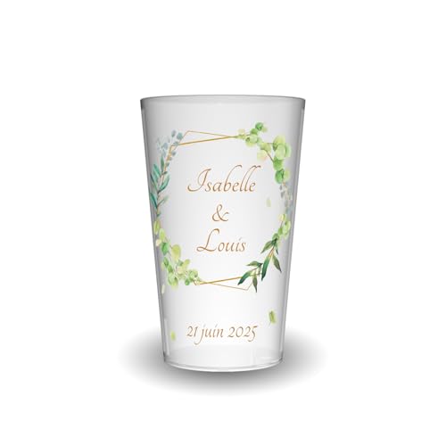 Wobz - Gobelet Personnalisé Mariage Encadrement Vert - Translucide - Impression Quadrichromie - Fabriqué En France - Prénoms Et Date Personnalisables - 25 cl - Pack de 10, 25, 50, 100, 250 ou 500