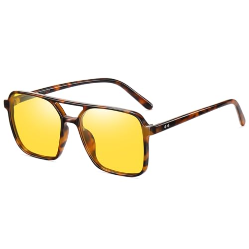 Night Vision Driving Glasses for Women 70s Aviator Sunglasses Double Bridge Anti Glare Glasses