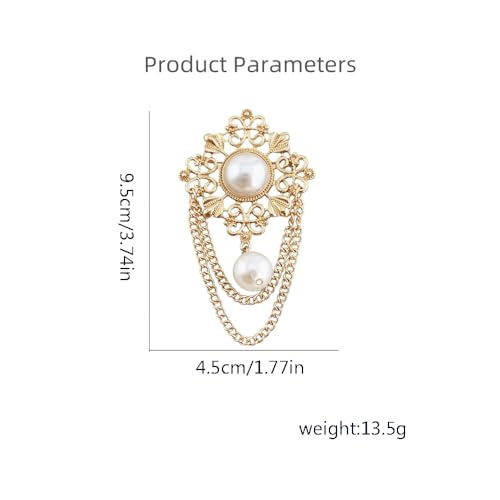 Vintage Round Pearl Filigree Flower Chain Tassel Brooches Lapel Pins for Women Girls Party Dance Banquet Dainty Boho Gold Dangle Drop Pin Dress Suit Clothes Accessories Jewelry2
