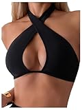 MakeMeChic Women's Halter Bikini Tops Criss Cross Cut Out Tie Backless Summer Swim Top Black Medium