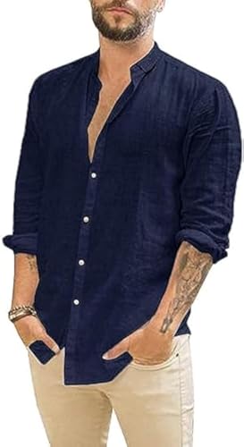 Runcati Camicia da uomo in lino, a maniche lunghe, estiva, da spiaggia, casual, vestibilità normale, per il tempo libero, Blu scuro, XL