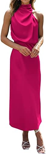 BTFBM Women's Sleeveless Cocktail Dresses Mock Neck Keyhole Elastic High Waist Wedding Guest Evening Party Maxi Dress(Solid Rose Red, XX-Large)