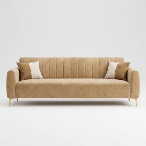 Image of Habibi Rich Velvet Suede 3+2 Seater Sofa Set | Spacious Soft Touch Comfort Seating | 5 Person Seating | Modern Living Room Sofa Set (Beige)