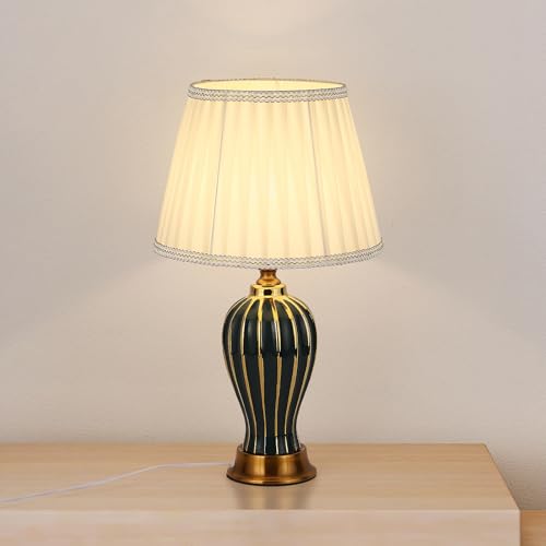 Tischlampe Retro Keramik, Wohnzimmer Nachttischlampe Vintage Schlafzimmer Warme Stoff Lesebuch Licht Schreibtischlampe Moderner Stil E27 Nachtlampe, Grün