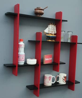 Image of Interlocking Wooden Wall Shelves Set of 1 Floating Wall Mounted Shelves for Home Decor | Storage Display Rack for Living Room, Bedroom & Office | Modern Wall Decoration Items (BLACK RED)