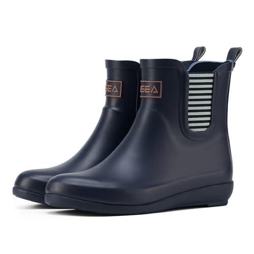 HISEA Rubber Rain Boots for Women Fashion Waterproof Chelsea Boots Short Ankle Garden Shoes Wedge Heel Anti-Slipping Rainboots for Ladies Outdoor Work Booties with Comfort Insole, Size 5 Navy Blue