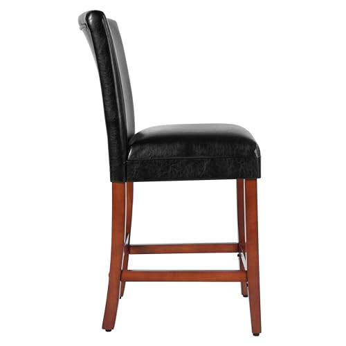 Butaco HomePop de 24 pulgadas, tapizado en cuero sintético negro, con patas de madera acabado cerezo miniatura 6