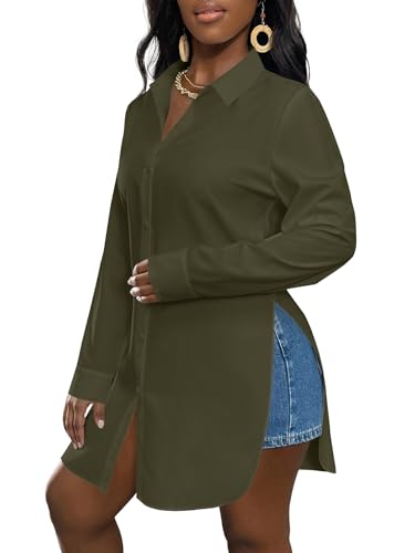 Image of LYANER Women's Collar Neck Long Sleeve Button Down Shirts Sexy Split Hem Tops Long Blouse Shirt Dress
