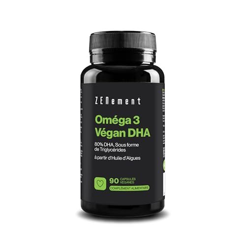 Zenement - DHA Végan (Oméga 3 avec 80% de DHA) - d’Huile d’Algues - Cerveau et Vision - adapté pour la Grossesse et l’Allaitement - sous forme de Triglycérides pour une meilleure Absorption - 90 Capsules Végan