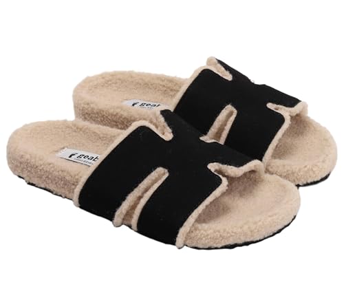 Fuzzy Slippers Women Genuine Suede Slippers for Women Indoor and Outdoor H Slipper Fur Faux Shearling Memory Foam House Slippers Open Toe Wool Slipper