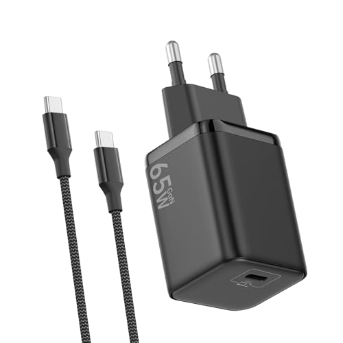 Cargador USB C 65W, Carga Rápida PD3.0 PPS Adaptador Portátil GAN II con Cable USB C Trenzado 2M, Compatible para MacBook Pro/Air, para iPhone 17/16/15, para Samsung Galaxy S25/S24/S23 Ultra(Negro)