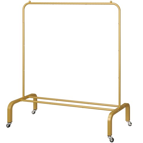 JIUYOTREE Metal Clothing Rack with Wheels 43.3 Inches Rolling Clothes Garment Coat Rack with Bottom Shelf Clothing Rack for Hanging Clothes Coats Skirts Shirts Sweaters Gold